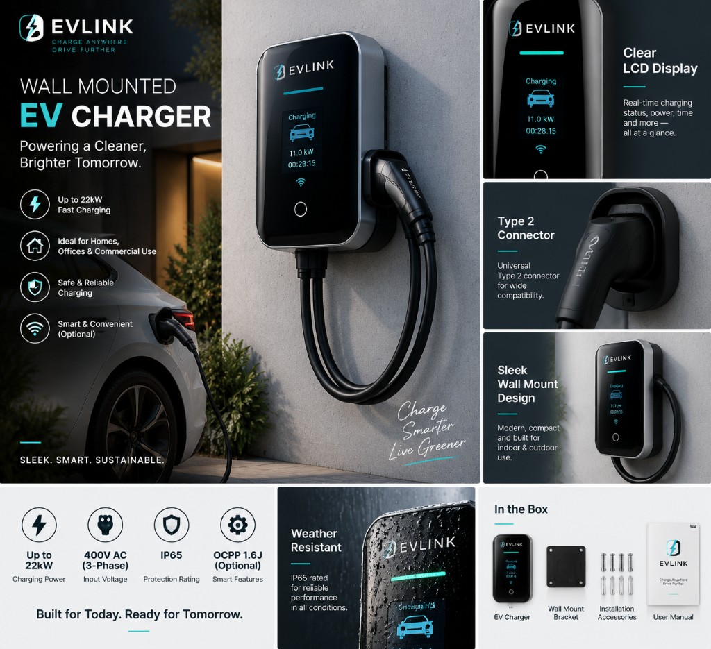 EV Link Wall Mounted EV Charger — up to 22 kW three phase with LCD and Type 2 connector