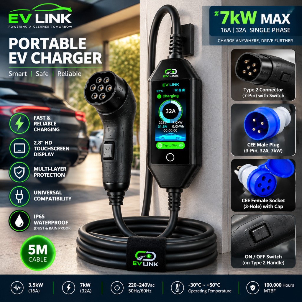 EV Link Portable EV Charger — 7 kW single phase with Type 2 connector and 2.8 inch touchscreen