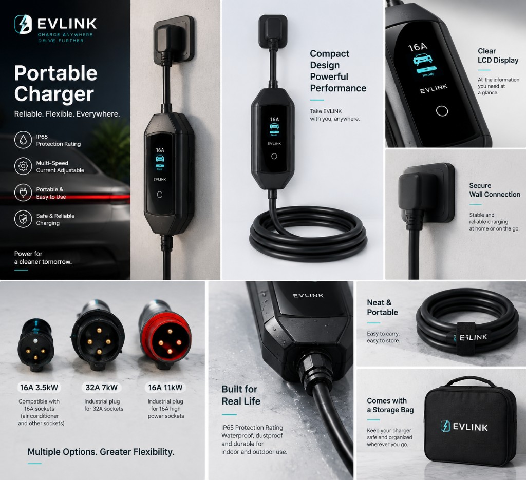 EV Link Portable Charger — IP65, adjustable current, carrying bag included